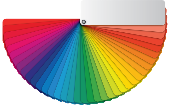 A paint color fan deck opened 180 degrees to a rainbow gradient